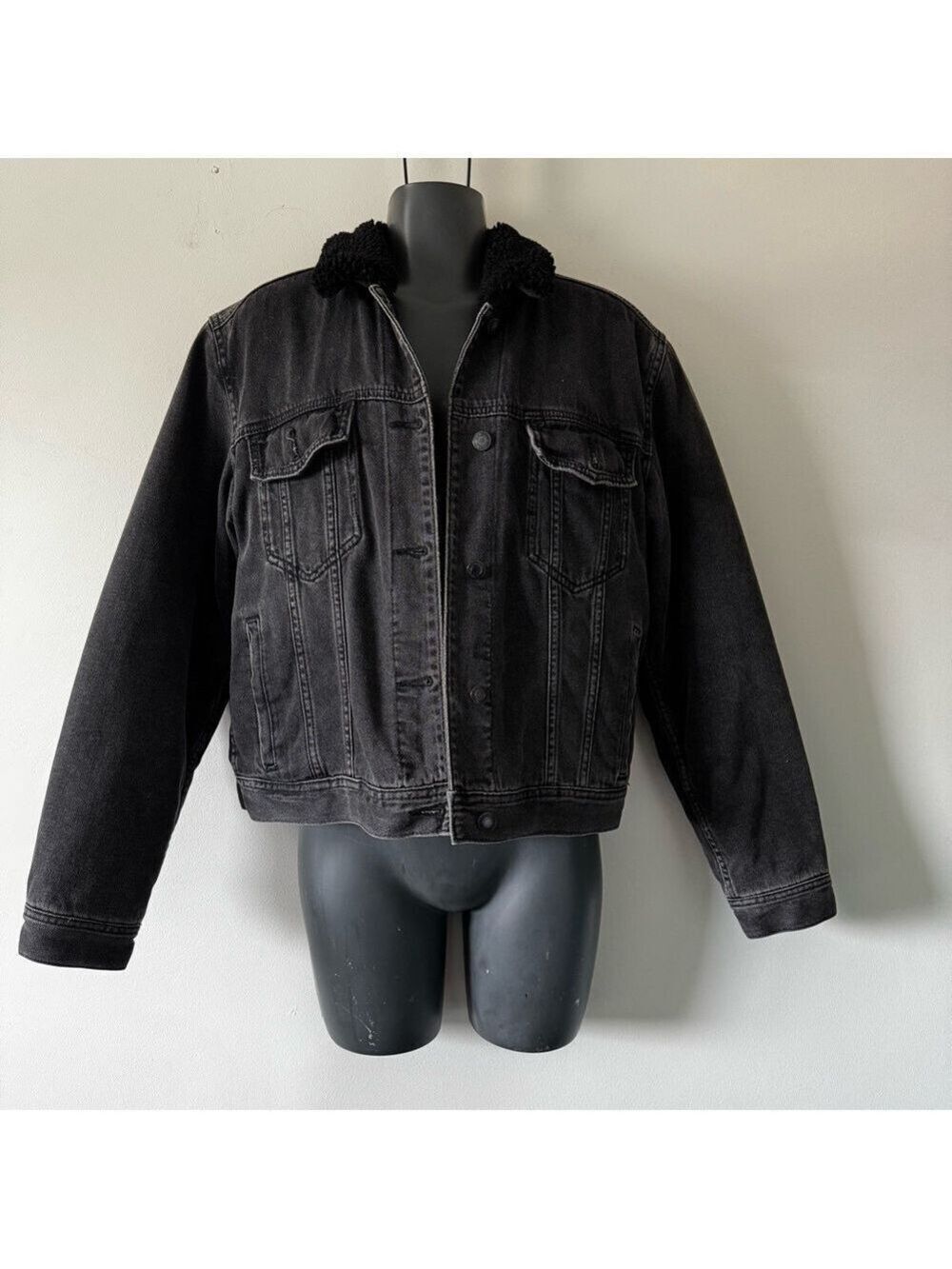 American Eagle Outfitters Dark Denim Jacket with Black Sherpa Collar